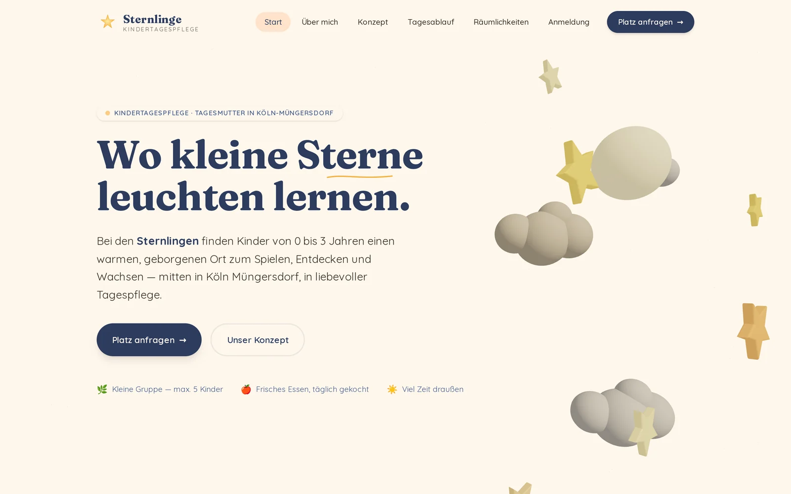 Startseite der Website Kindertagespflege Sternlinge am Desktop