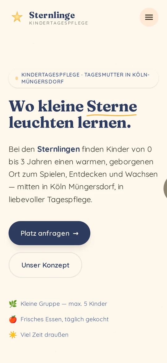 Startseite der Website Kindertagespflege Sternlinge auf dem Handy